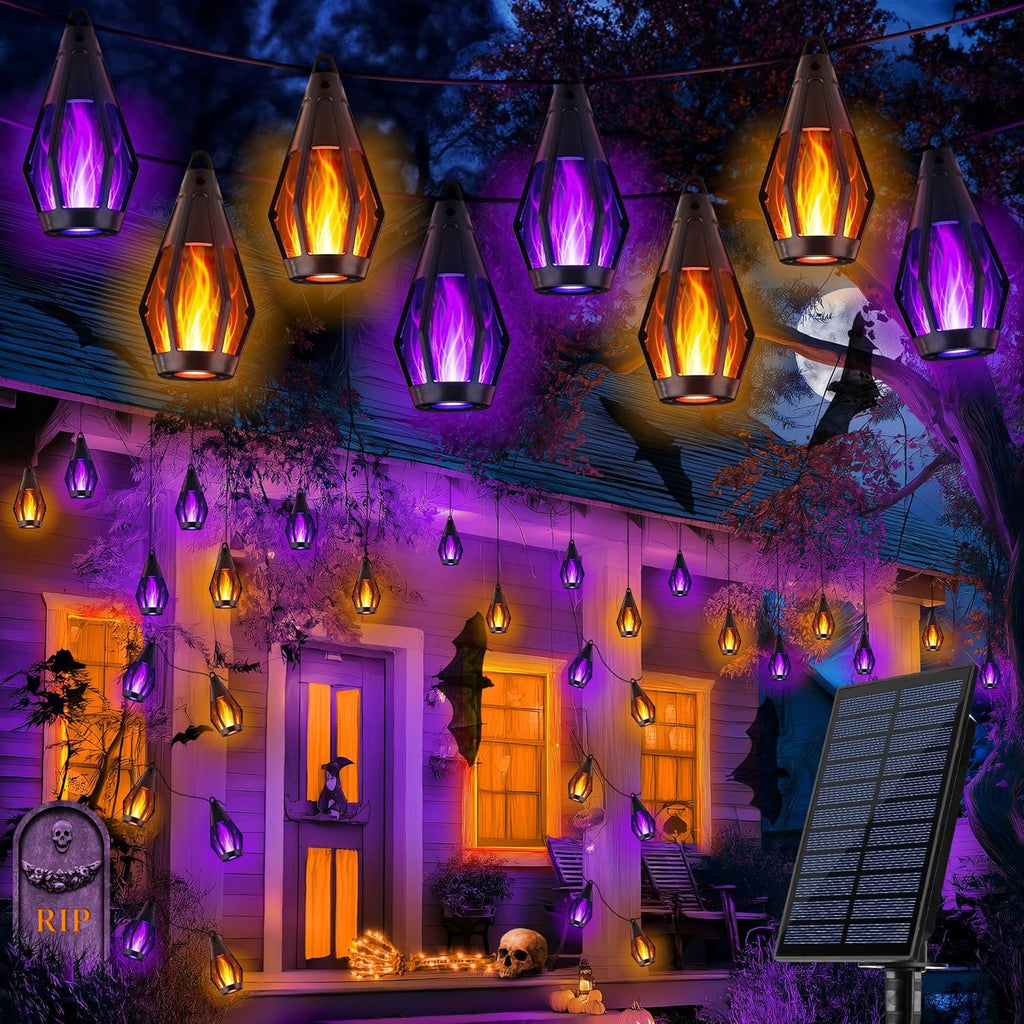 Halloween Lights, 27Ft 10 LED Bulbs Flickering Flame String Light, Outdoor Waterproof Solar Flame Lights for Garden Yard Patio Halloween Decorations (Warm White + Purple)