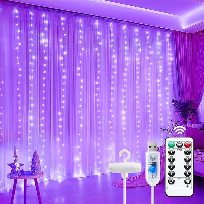 Halloween Purple Curtain Lights, 300 LED Dimmable Fairy Lights with Remote and Timer, 8 Modes, USB Powered String Lights for Room Wall Party Xmas Indoor Decor