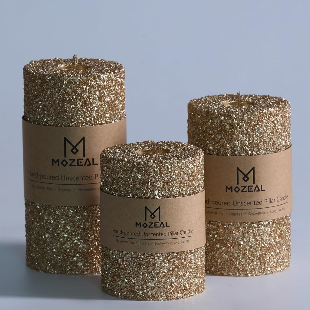 Hand-Poured Granular Texture Decorative Gold Pillar Candles Set of 3 (3"x4", 5", 6"), Approx 300 Hours Burn Time Dripless, Unscented, Smokeless, for Glamorous Events & Christmas Party Decor