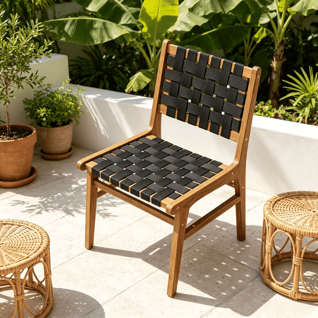 Hand-Woven Strap Outdoor Dining Chair Flex Support Deck Garden Furniture Comfortable Seating for Patio
