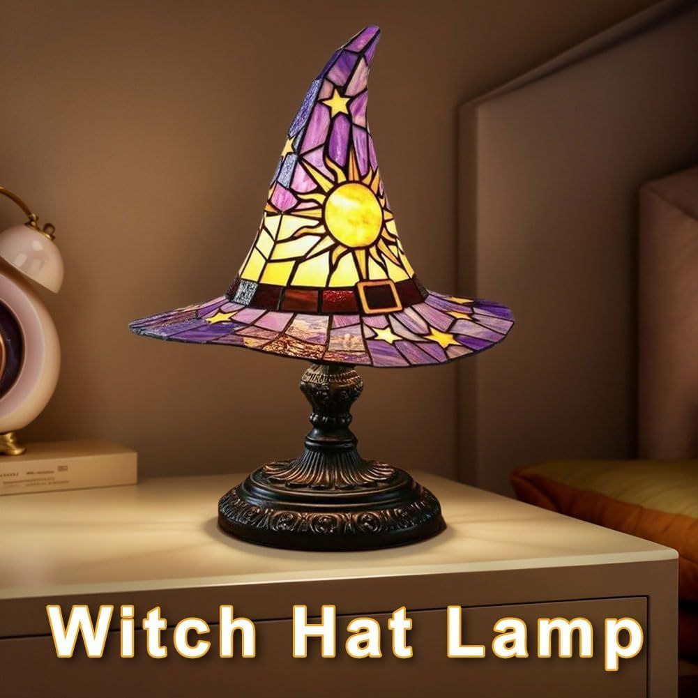 Handmade Gothic Witch Hat Night Light –Witch Hat Lamp Stained Glass LED Lamp, Spooky Halloween Decor, Indoor & Outdoor Witchcraft Gift, Unique Halloween Party Lighting