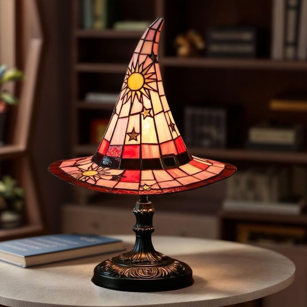 Handmade Gothic Witch Hat Night Light –Witch Hat Lamp Stained Glass LED Lamp, Spooky Halloween Decor, Indoor & Outdoor Witchcraft Gift, Unique Halloween Party Lighting