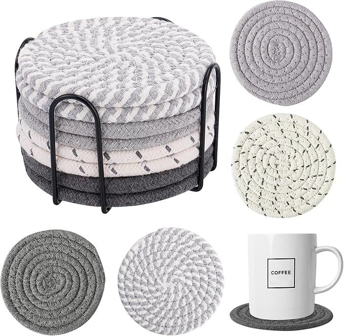 Handmade Woven Drink Coasters with Holder, 8 Pcs BOHO Absorbent Coasters for Home Decor, Cotton, for Farmhouse Table Kinds of Cups New House Gift(4.3in, Grey/White)