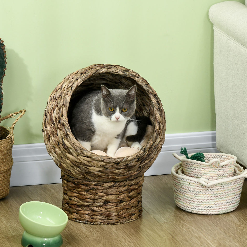 Handwoven Elevated Cat Bed with Soft Cushion & Cat Egg Chair Shape, Cat Basket Bed Kitty House with Stand, Raised Wicker Cat Bed for Indoor Cats, 20.5" H, Gray