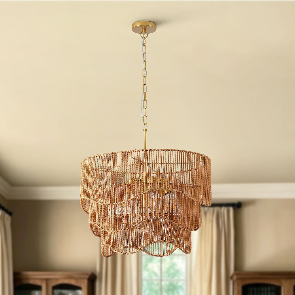 Handwoven Paper Rattan Boho Chandelier with 7-Light E26 Base, 60cm Adjustable Height Wave Pendant Light for Living Room, Sloped Ceiling Compatible, Sturdy Metal Hardware, Warm Glow for Dining Room
