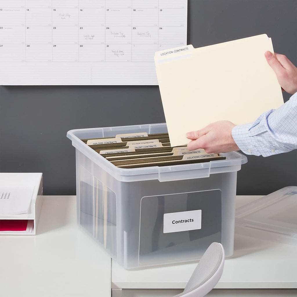 Hanging File Folder Box, Storage Bin Organizer, Snap Lid, Letter & Legal Size Documents, Clear