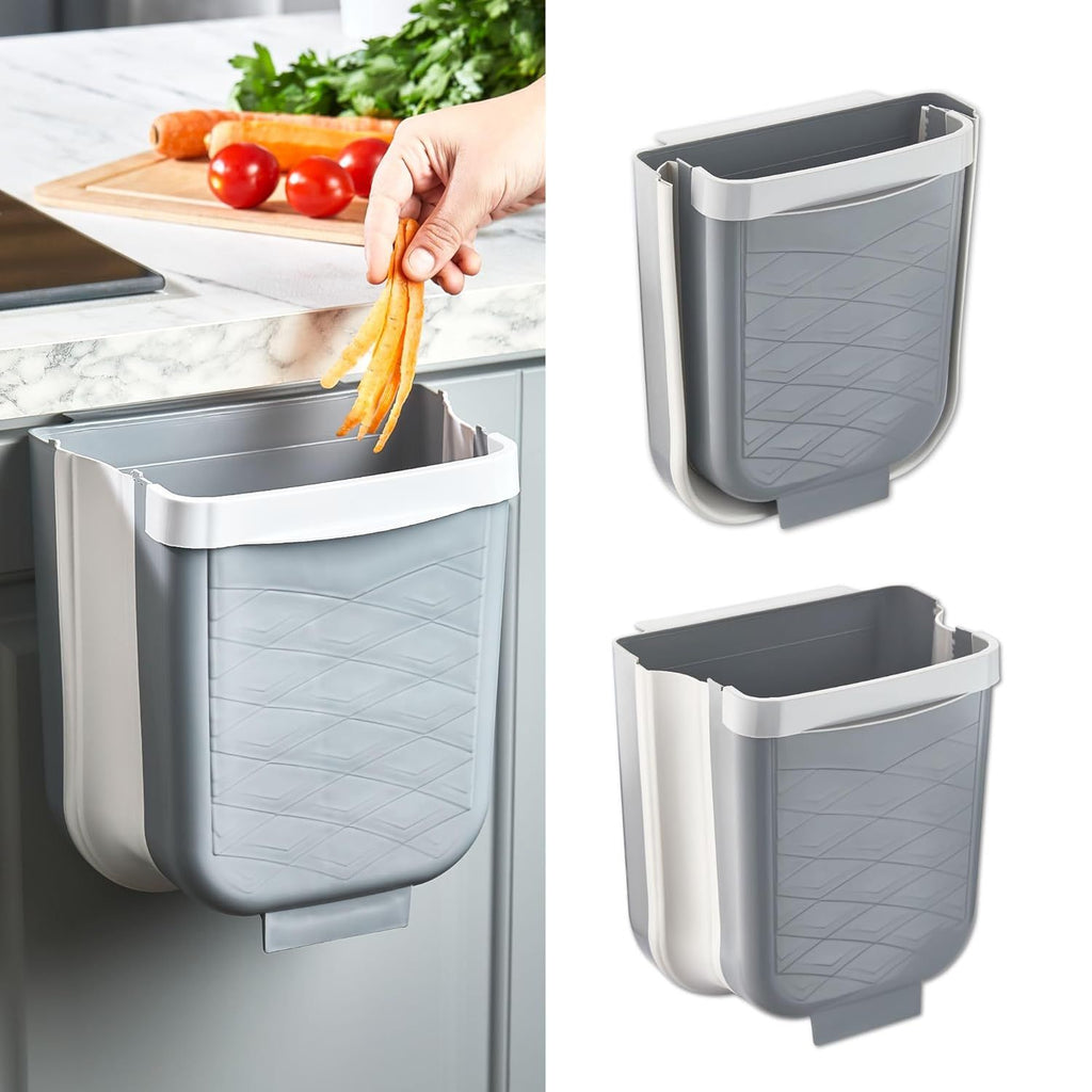 Hanging Foldable Trash Can for Kitchen Cabinet Door | Collapsible Narrow Waste Bin | Compact Travel Trash Can | Space Saving 6 L Plastic Garbage Bin Under Sink | 1.5 Gallon Waste Basket, Gray