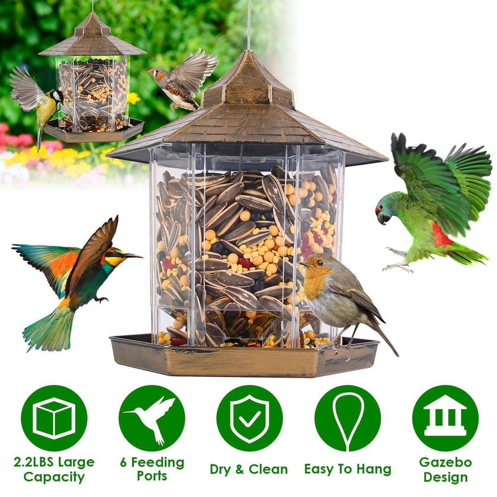 Hanging Gazebo Wild Bird Feeder Outdoor Bird Seed Station with Large Capacity 6 Feeder Ports for Garden Patio Park Weatherproof Easy To Refill