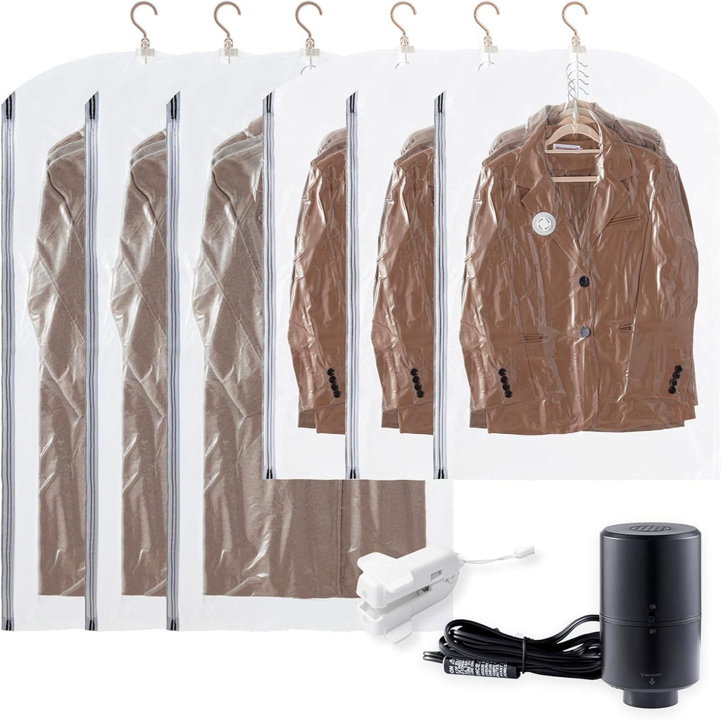 Hanging Vacuum Sealer Suction Space Saver Storage Bags for Clothes with Electric Air Pump and Rolling Slide Clip for Coats, Closet Organizers, 3 Long 3 Short