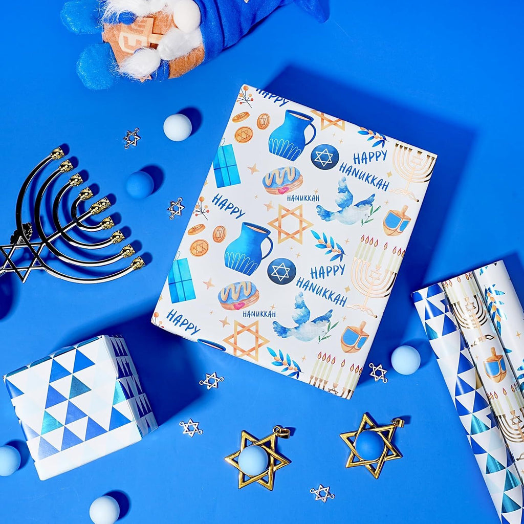 Hanukkah Wrapping Paper - Menorahs, Star of David, Dreidels and Dove of Peace Design Gift Wrap Paper - 17 In x 10 Ft Per Roll - 3 Rolls