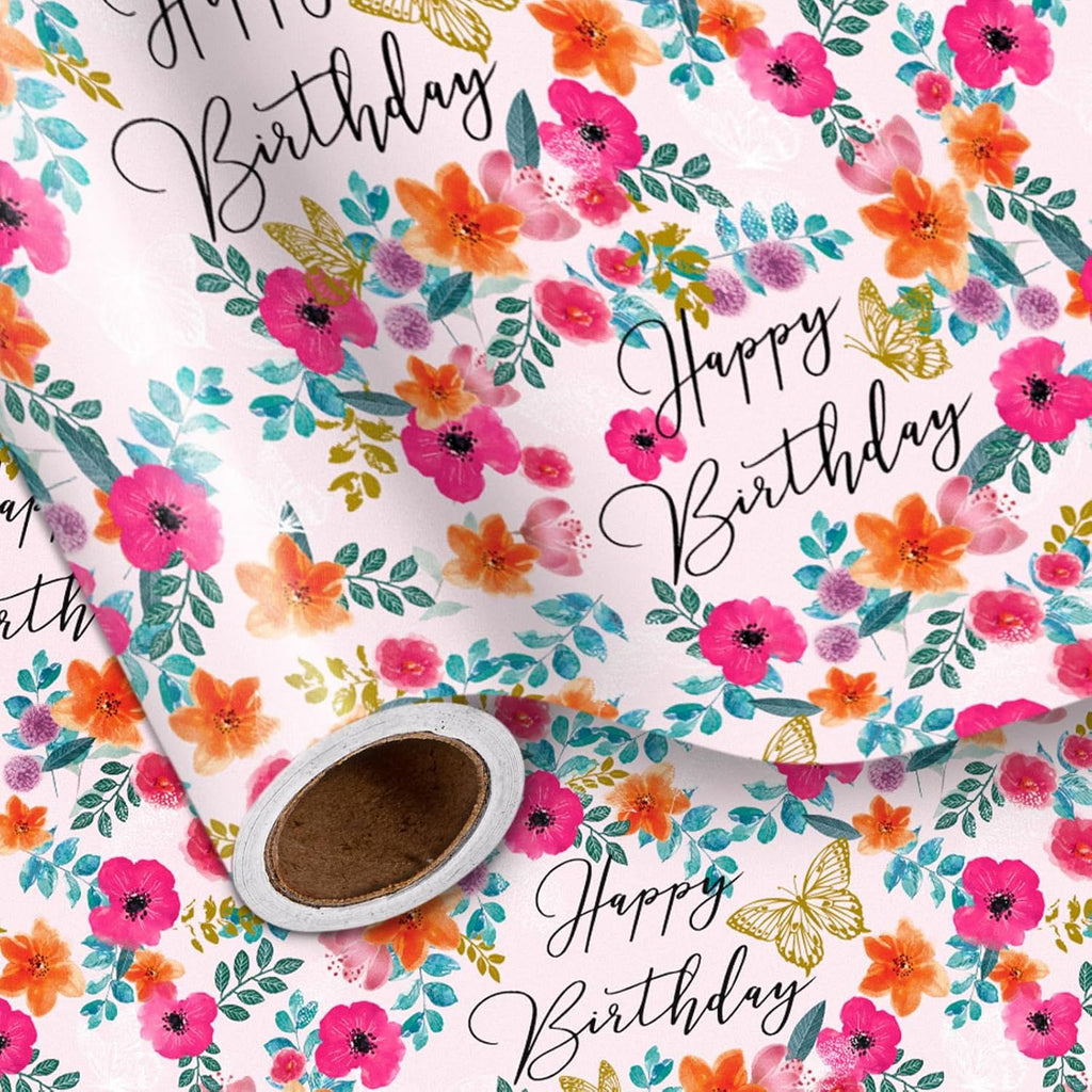 Happy Birthday Wrapping Paper Roll for Girls Women, Pink Floral & Butterfly, Birthday Party Gift Wrap for Girl, Women, Female, Mini Roll, 17 In x 32.8 Ft