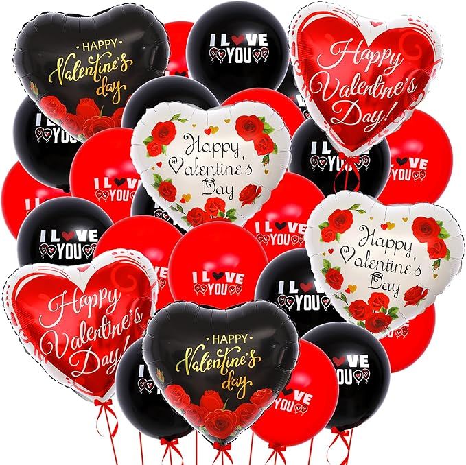 , Happy Valentines Day Balloons - Big, Pack of 26 | Black and Red Heart Shaped Balloons for Valentines Day Decorations | Heart Balloons, Valentines Balloons, Romantic Decorations Special Night
