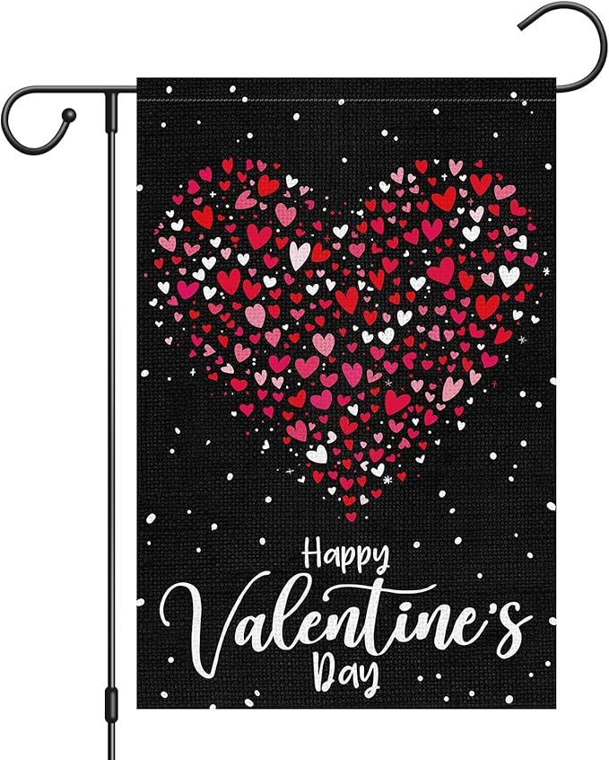 Happy Valentine's Day Garden Flag 12 x 18 Inch Double Sided Burlap, Love Heart Yard Flag Valentine's Party Supplies for Anniversary Wedding Home Outdoor Decoration (ONLY FLAG)