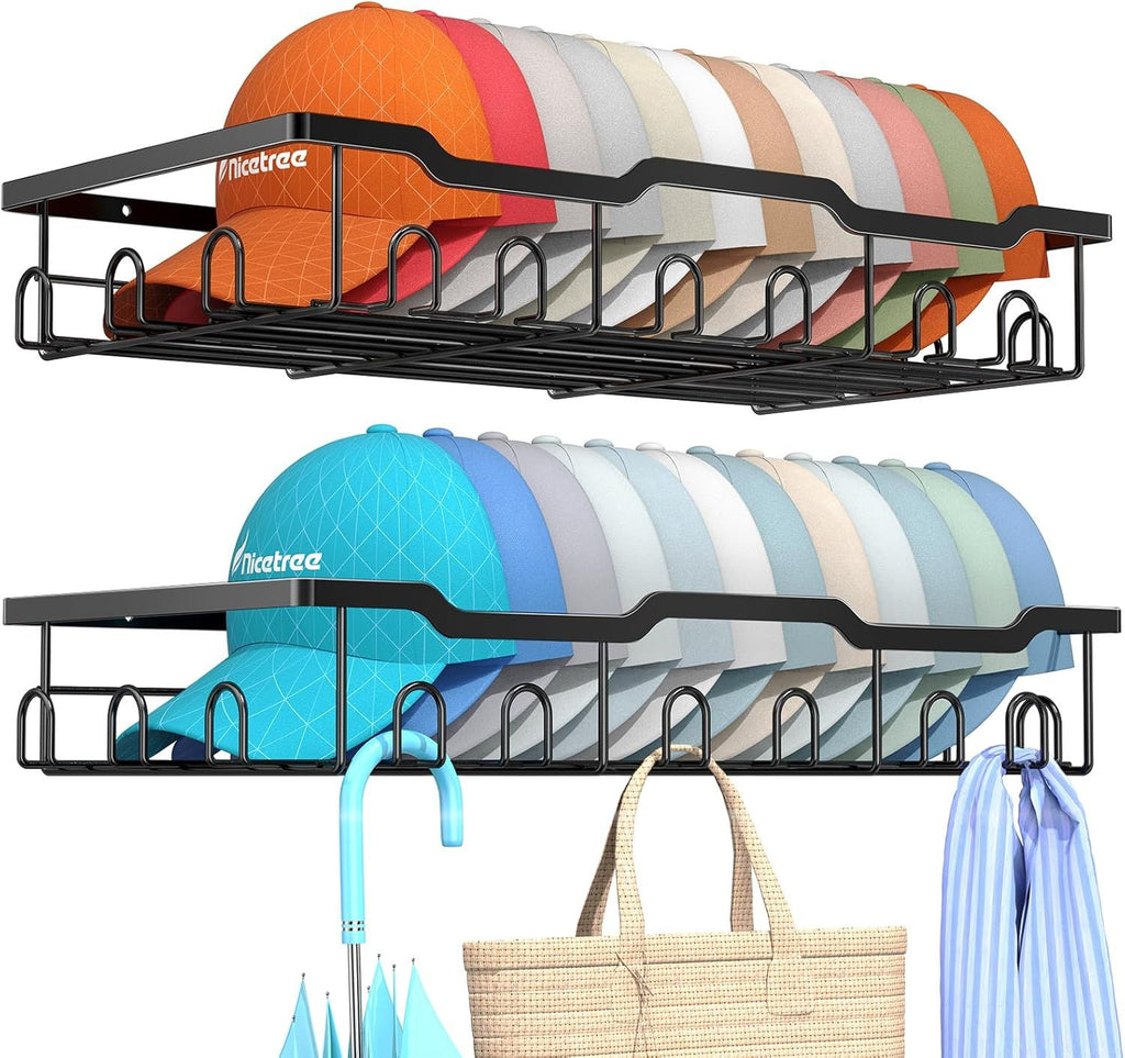 Hat Racks for Baseball Caps Wall - Metal Hat Organizer for 48 Baseball Caps Holder, 2 Pack Hat Storage Organizer for Closet, Bedroom, Living Room