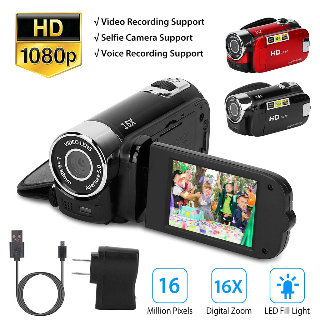 HD 1080P Digital Video Camcorder 2.7in 16X Zoom DV Camera 270° Rotation Rechargeable Kid Camera w/Fill Light Selfie GPCT2659