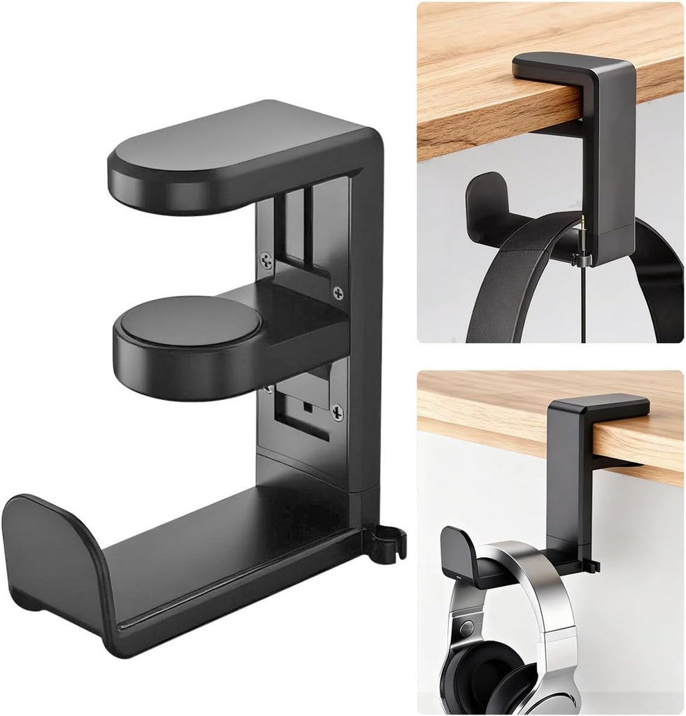 Headphone Hook, Under Desk Headphone Holder, PC Gaming Headset Holder, with 360 Degree Swivel & Cable Clip Organizer (Black)