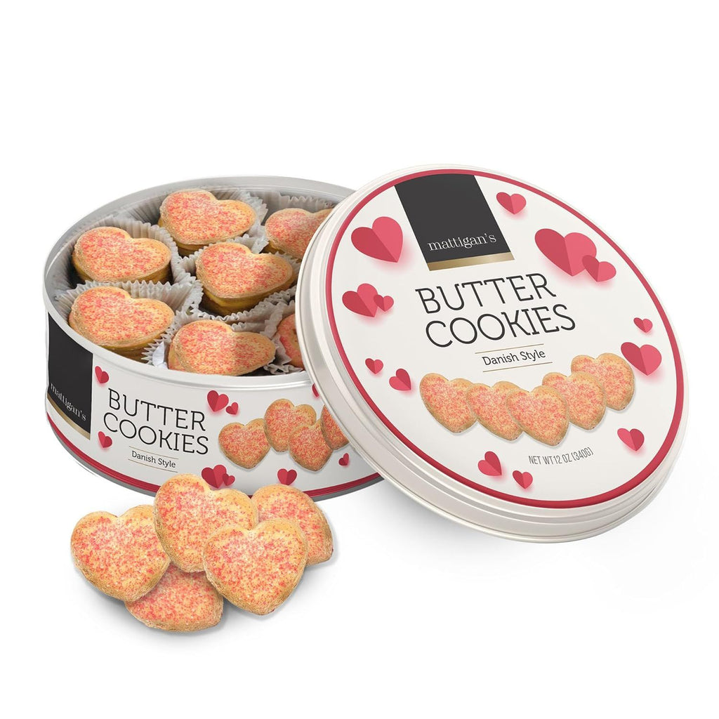 Heart Butter Cookies Danish Style Cookie, 12 Oz Tin, Gourmet Gifts, Holidays, Birthday, Special Occasions, Assorted Cookie Dessert Sweets, Reusable Metal Tin