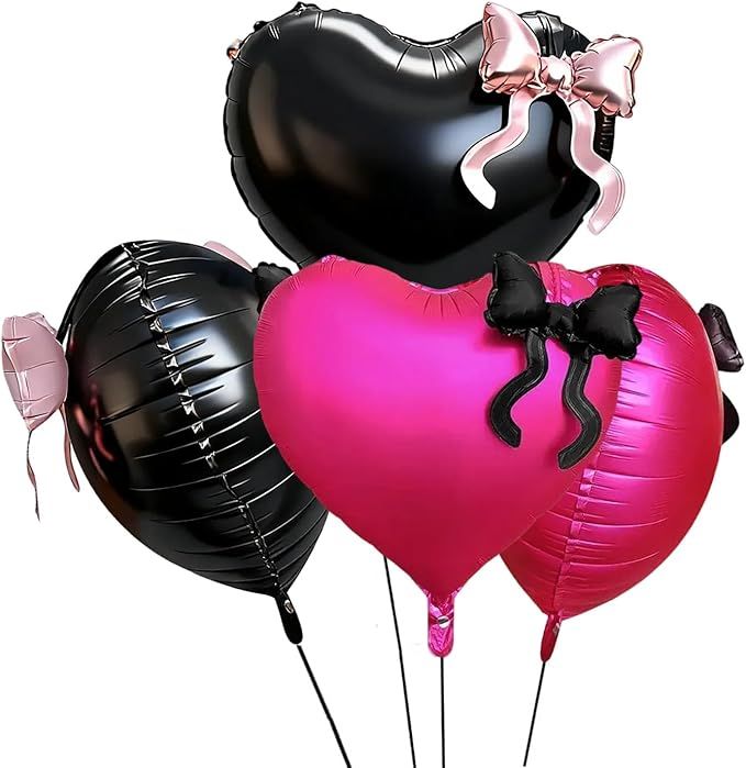 Heart Foil Balloons Bow Party Decorations Heart Shape Valentine Mylar Balloon Princess Girl for Anniversary Wedding Engagement Bridal Shower Birthday Party Decorations Hot Pink