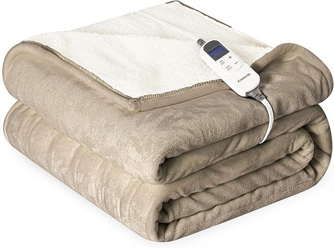 Heat Blanket 50'x60' Throw,Soft Flannel & Sherpa Reversible Electric Blanket with 10 Heat Settings,12 Timer Setting and 3 Hours Auto-Shut Off,ETL Certified Machine Washable,Light Brown