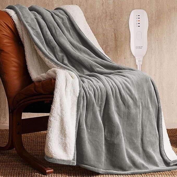 Heated Blanket 50"x60" - ETL&FCC Certified Flannel Electric Blanket Machine Washable Heating Throw with 5 Heating Levels 3 Hours Auto-Off Overheating Protection (Grey)