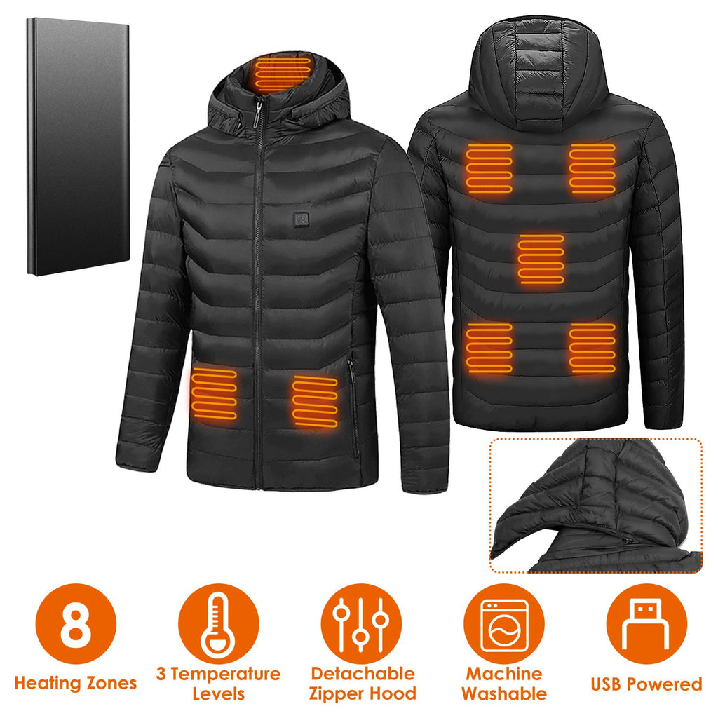 Heated Jacket With 20000mAh Power Bank Electric Heating Coat Lightweight Winter Hooded Jacket with 3-Level Heating Modes 8 Heating Zones Detachable Zipper Hood
