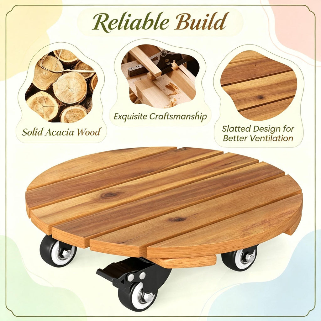 Heavy Duty Acacia Wood Rolling Plant Stand 360° Lockable Casters for Home Garden