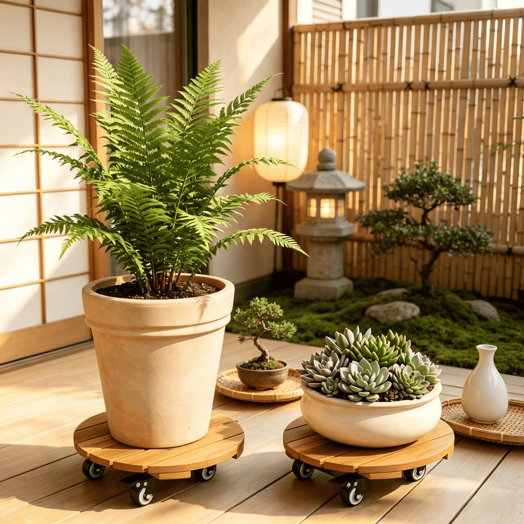 Heavy Duty Acacia Wood Rolling Plant Stand 360° Lockable Casters for Home Garden