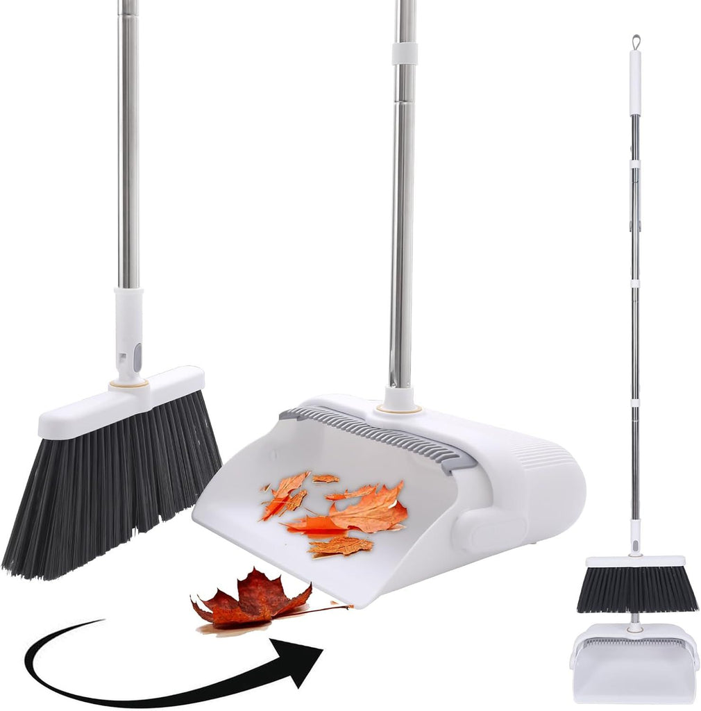 Heavy Duty Broom and Standing Dustpan Combo Set, Rotatable Head Dust Pan and Brush Set with Collapsible Handle, Cleaning Teeth, Hanging Loop, Ideal for Pets, RV, Kitchen, Camping, Outdoor Floor