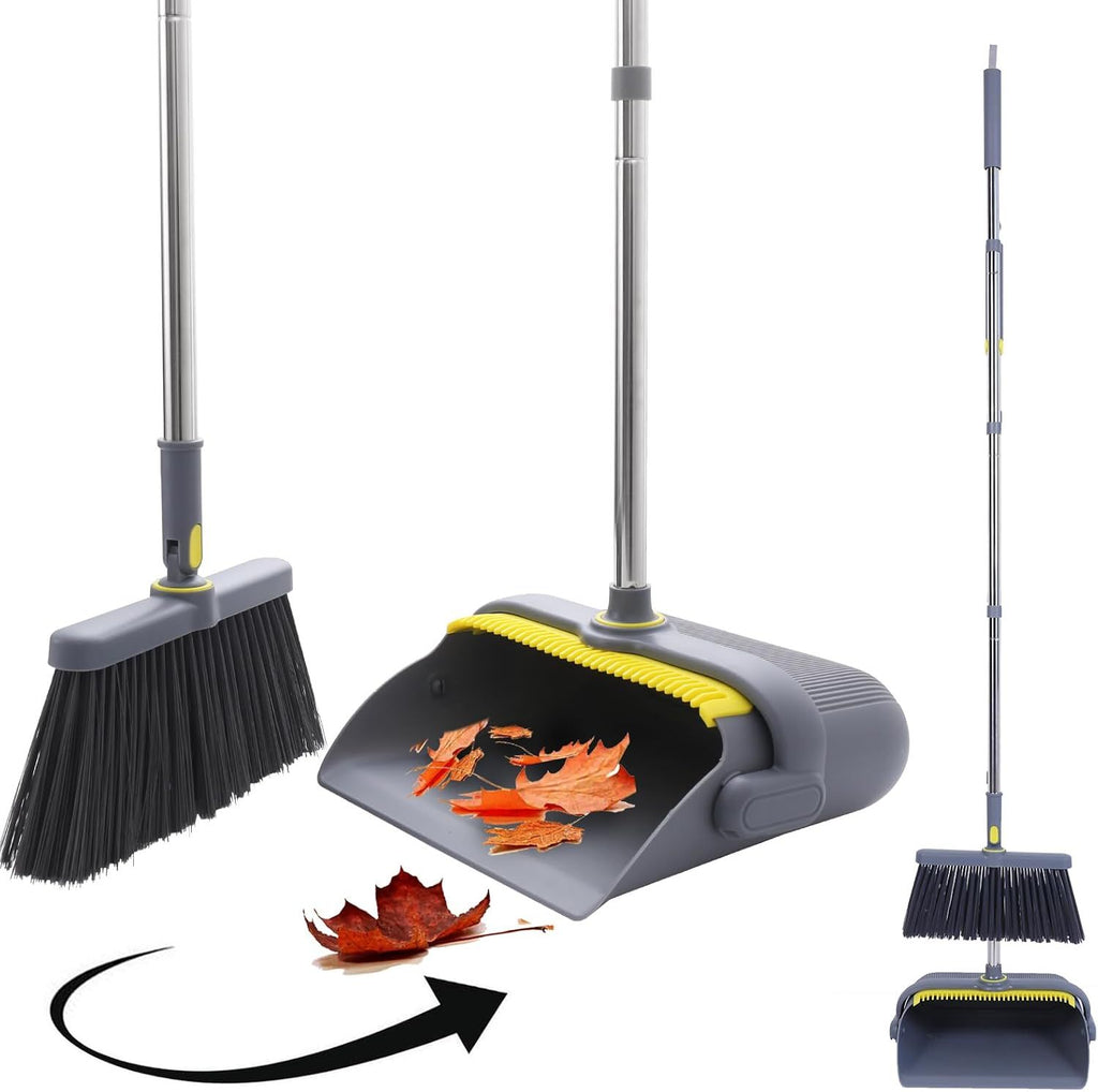 Heavy Duty Broom and Standing Dustpan Combo Set, Rotatable Head Dust Pan and Brush Set with Collapsible Handle, Cleaning Teeth, Hanging Loop, Ideal for Pets, RV, Kitchen, Camping, Outdoor Floor
