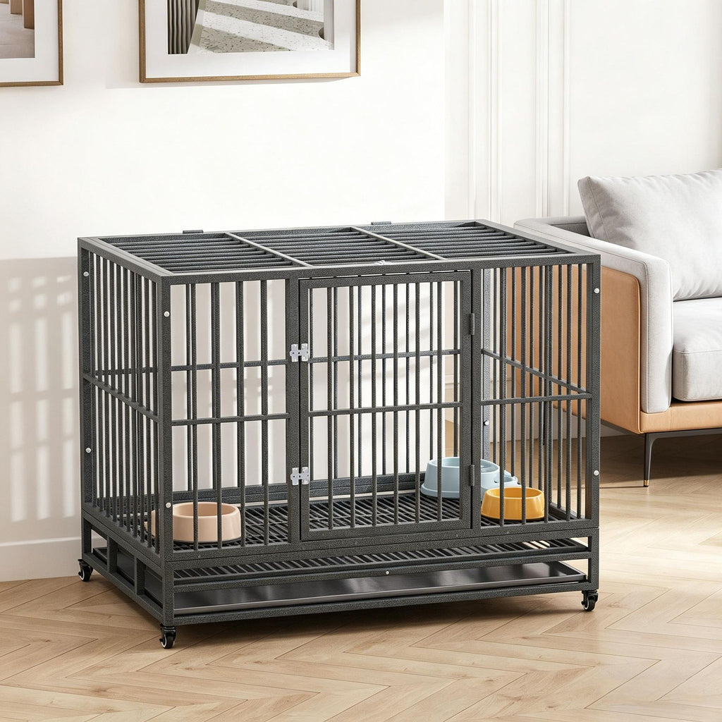 Heavy Duty Dog Crate 43 Inch Metal Cage Kennel with Lockable Wheels Double Door Removable Tray Gray