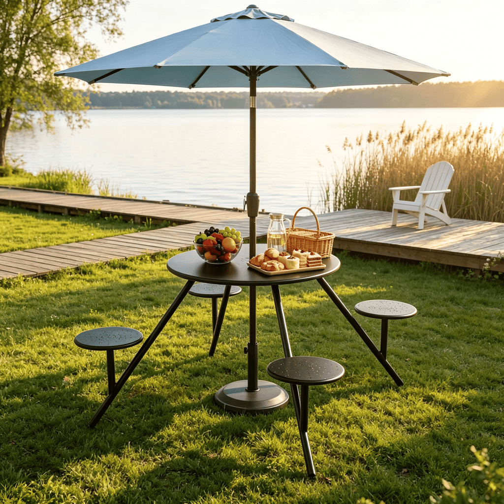 Heavy Duty round Picnic Table for 4 with Iron Seats Umbrella Hole Outdoor Dining Table Set for Garden Patio