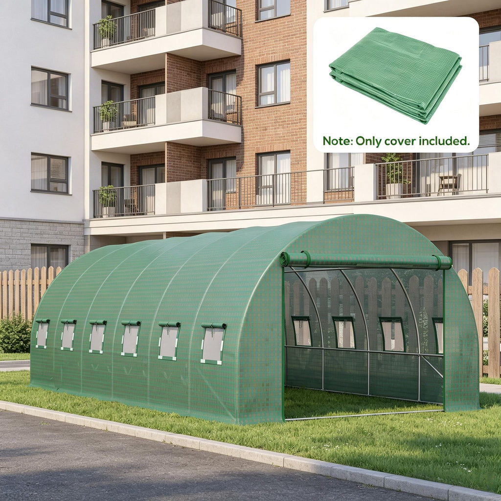 Heavy Duty Waterproof Plastic Greenhouse Cover Replacement 19.7' X 9.8' X 6.6' with 12 Windows Door And Reinforcement Grid for Hoop House Sheeting Green