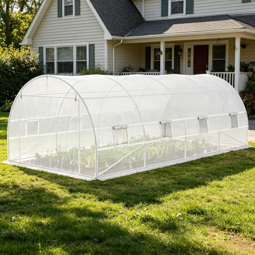 Heavy Duty Waterproof Plastic Greenhouse Cover Replacement 19.7' X 9.8' X 6.6' with 12 Windows Door And Reinforcement Grid for Hoop House White