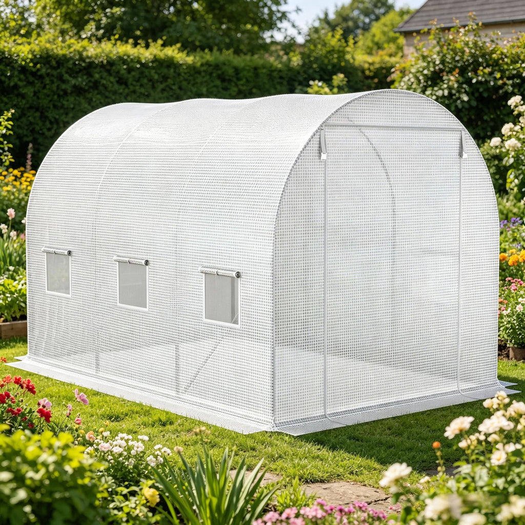 Heavy Duty Waterproof Plastic Greenhouse Cover Replacement 9.8' X 6.6' X 6.6' with 6 Windows Door And Reinforcement Grid for Hoop House White