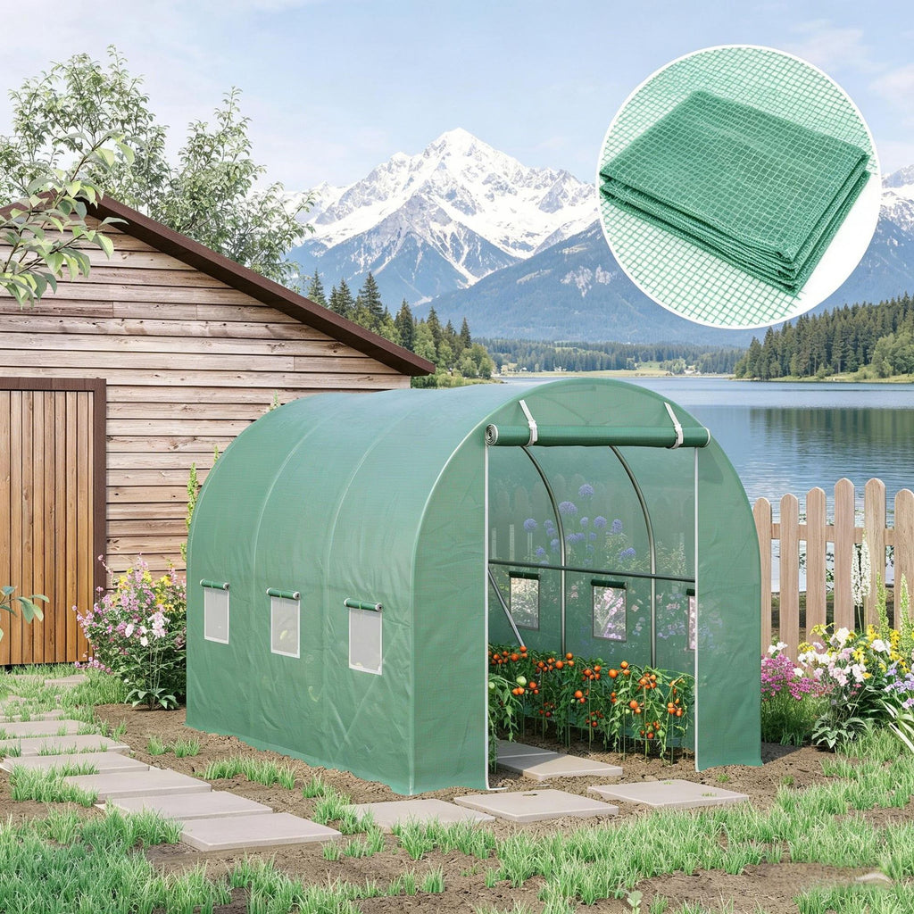 Heavy Duty Waterproof Plastic Greenhouse Cover Replacement 9.8' X 6.6' X 6.6' with 6 Windows Door And Reinforcement Grid for Hoop House