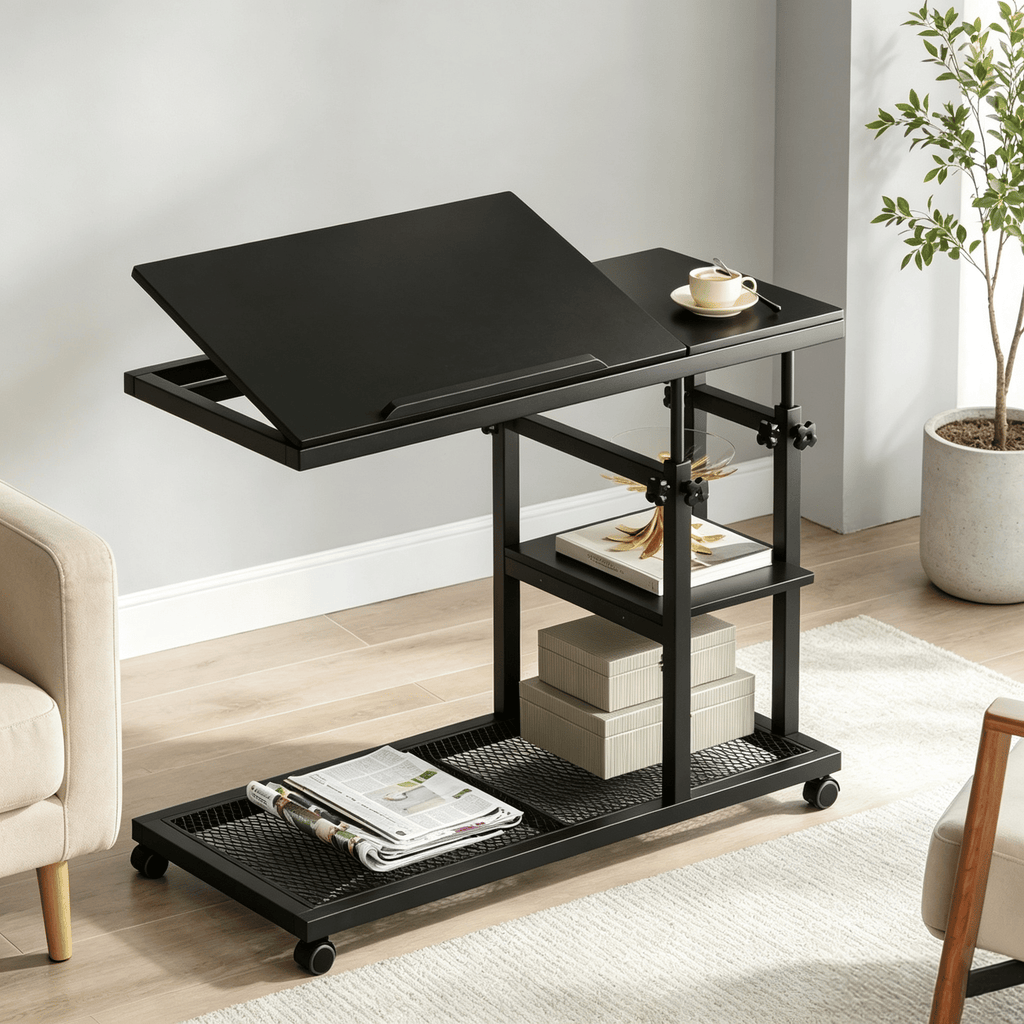 Height Adjustable Mobile C Table on Wheels Snack Tray Desk Bedside Laptop Stand for Home