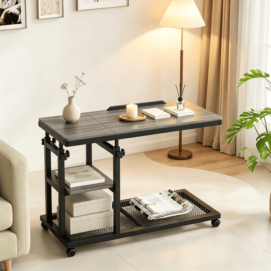 Height Adjustable Mobile C Table on Wheels Snack Tray Desk Bedside Laptop Stand for Home