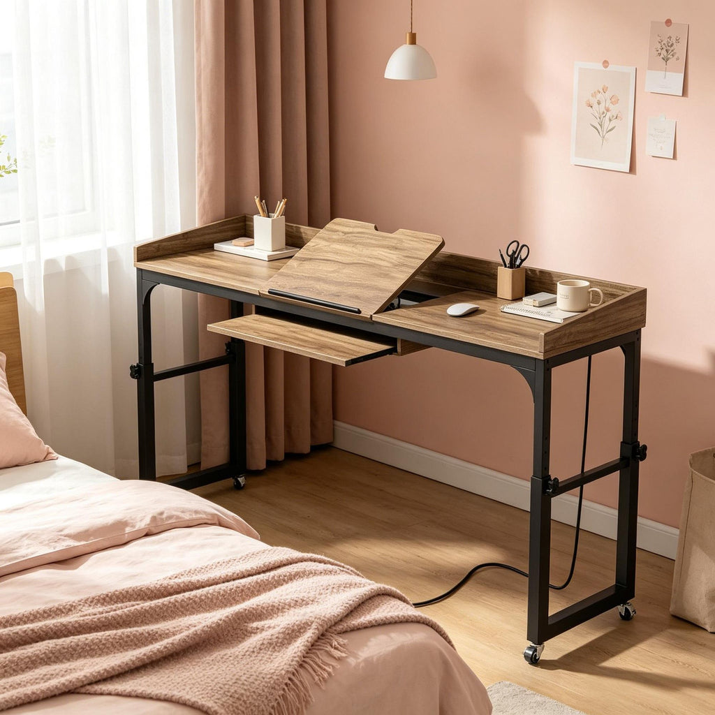 Height Adjustable Overbed Table with Wheels Charging Station Bedside Desk with Storage for Hospital Home Care
