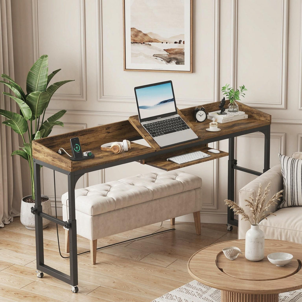Height Adjustable Overbed Table with Wheels Charging Station Bedside Desk with Storage