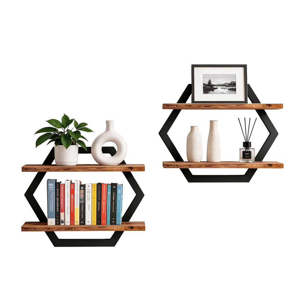 Hexagonal Double-Tier Floating Wall Shelf (Set of 2)