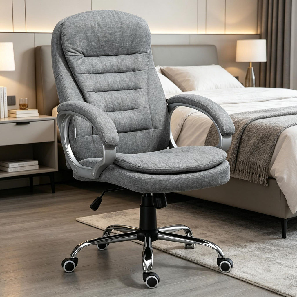 High Back Executive Computer Chair Grey Adjustable Height Upholstered Thick Padding Headrest And Armrest Home Office Chair