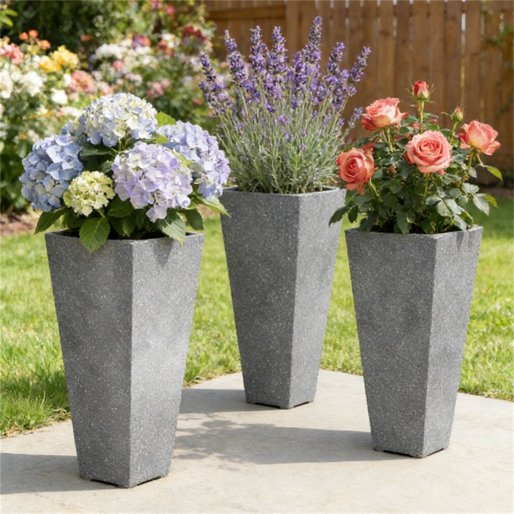 High flower pot, plastic flower pot, gray