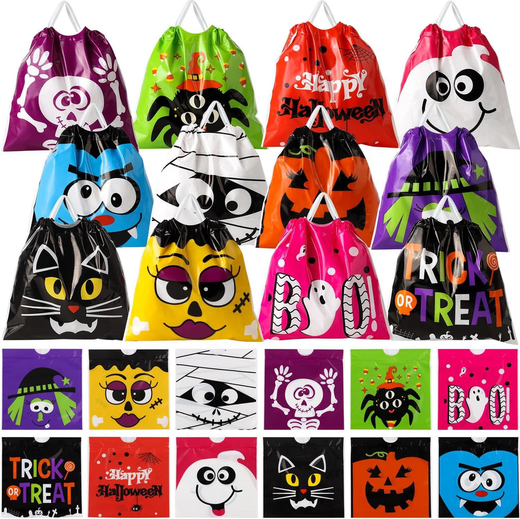 HOIIOH Halloween Drawstring Treat Bags – 120 Durable Candy & Goodie Bags with 12 Fun Designs for Trick-or-Treat, Halloween Parties, Classroom Favors & Kids