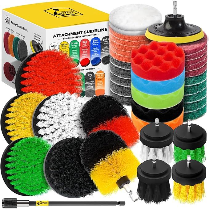 Holikme 40 Piece Drill Brush Attachment Set Scrub Pads Scouring Pads Power Scrubber Brush with Extend Long Attachment All Purpose Clean for Car Detailing Grout, Tiles, Bathroom, Kitchen