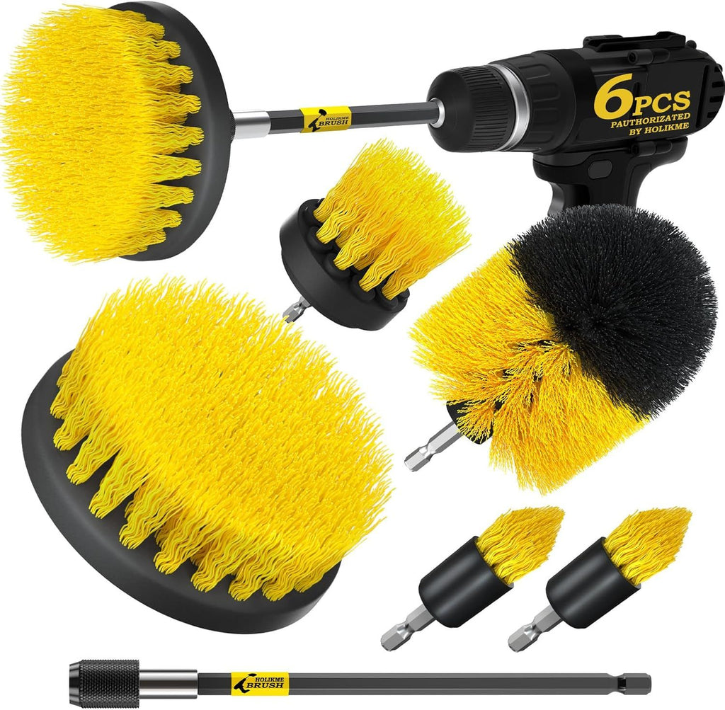 Holikme 6Pack Drill Brush Power Scrubber Cleaning Brush Extended Long Attachment Set All Purpose Drill Scrub Brushes Kit for Grout, Floor, Tub, Shower, Tile, Bathroom and Kitchen SurfaceYello