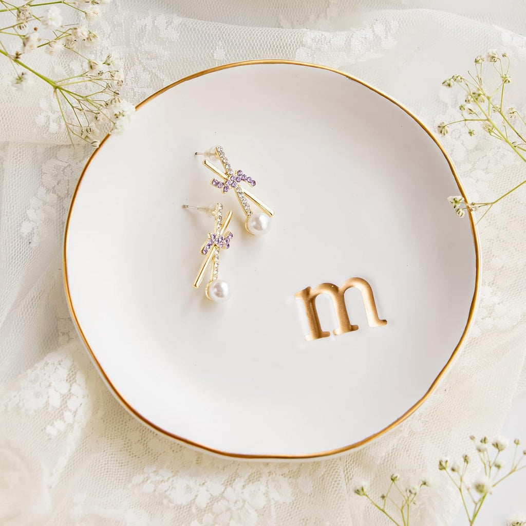 HOME - Ceramic Jewelry Tray, Decorative Trinket Dish for Rings Earrings Necklaces Bracelet Watch Keys, Birthday Mother's Day Gift for Women, 4.75", White Surface