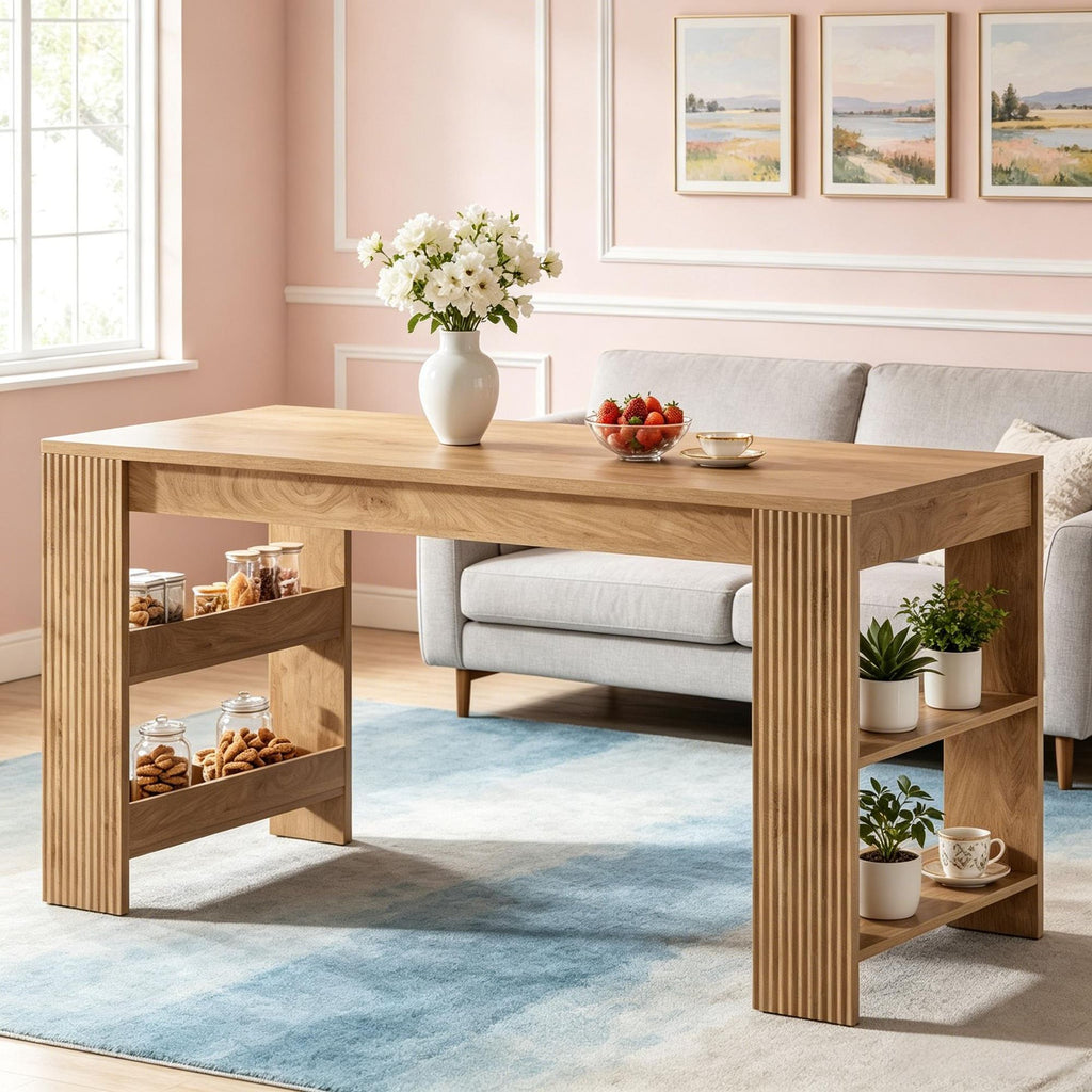Home Bar Table with Double-Sided Storage Shelves for Extra Cabinet Space And Counter Depth