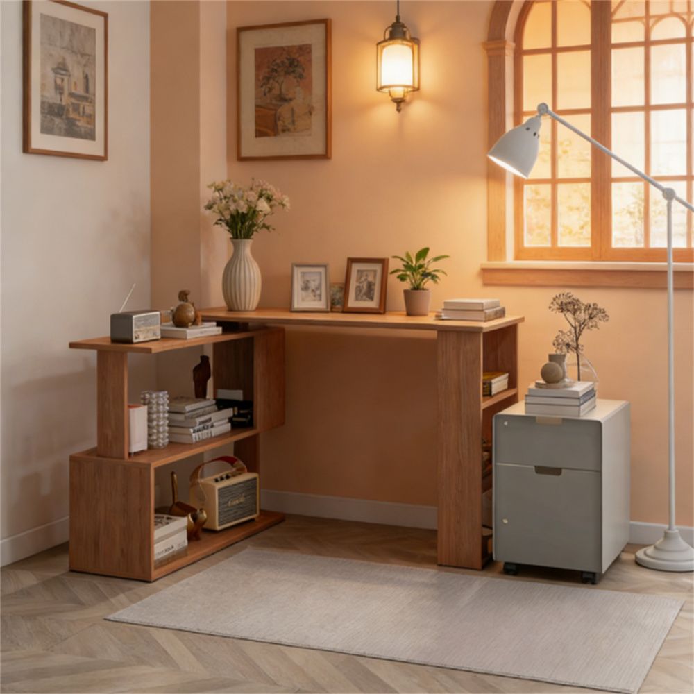 Home office desk, L-shaped corner table, space saving, computer desk, writing desk, teak wood