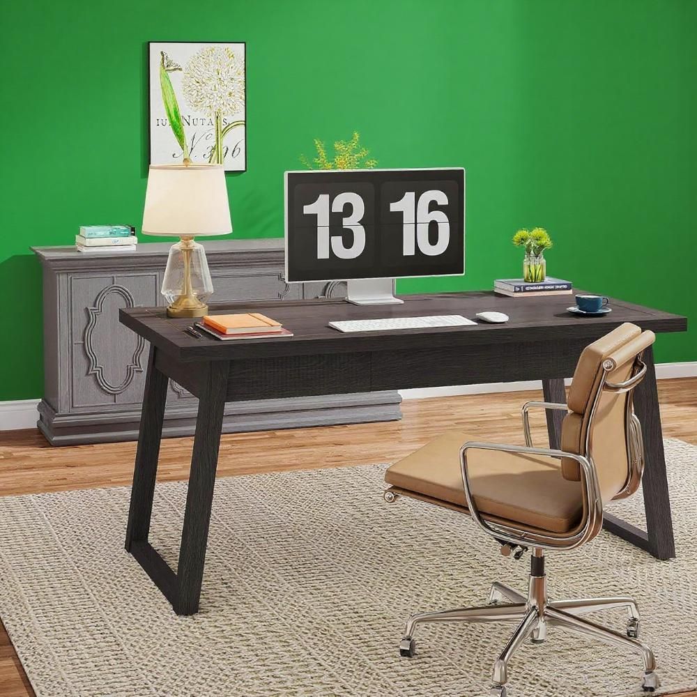 Home Office Executive Desk: 55 Inches Wooden Computer Desk with Drawer, Mid-Century Modern Study Writing Table, Rustic PC Laptop Desk