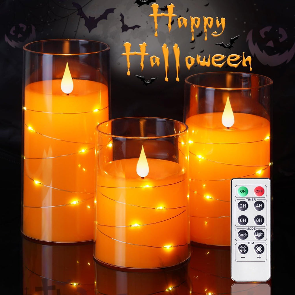 Homemory Halloween Orange Flameless Candles with String Lights, Battery Operated LED Candles with Remote and Timer, Candles for Halloween Decoration, Fall, Harvest Festival